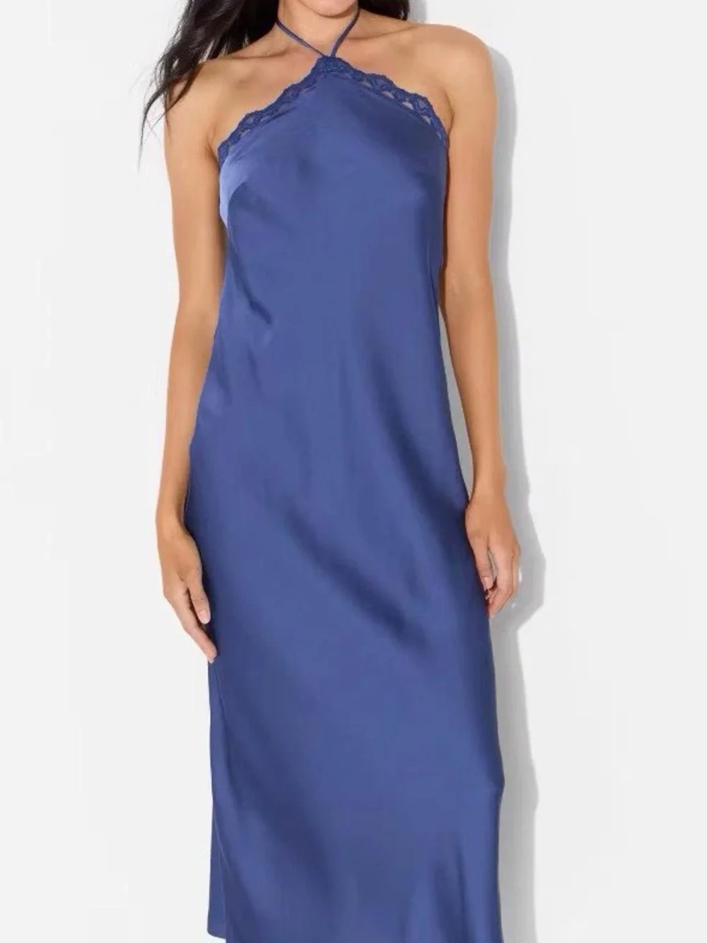 Halter Lace-Trim Satin Slip Dress in Indigo Blue